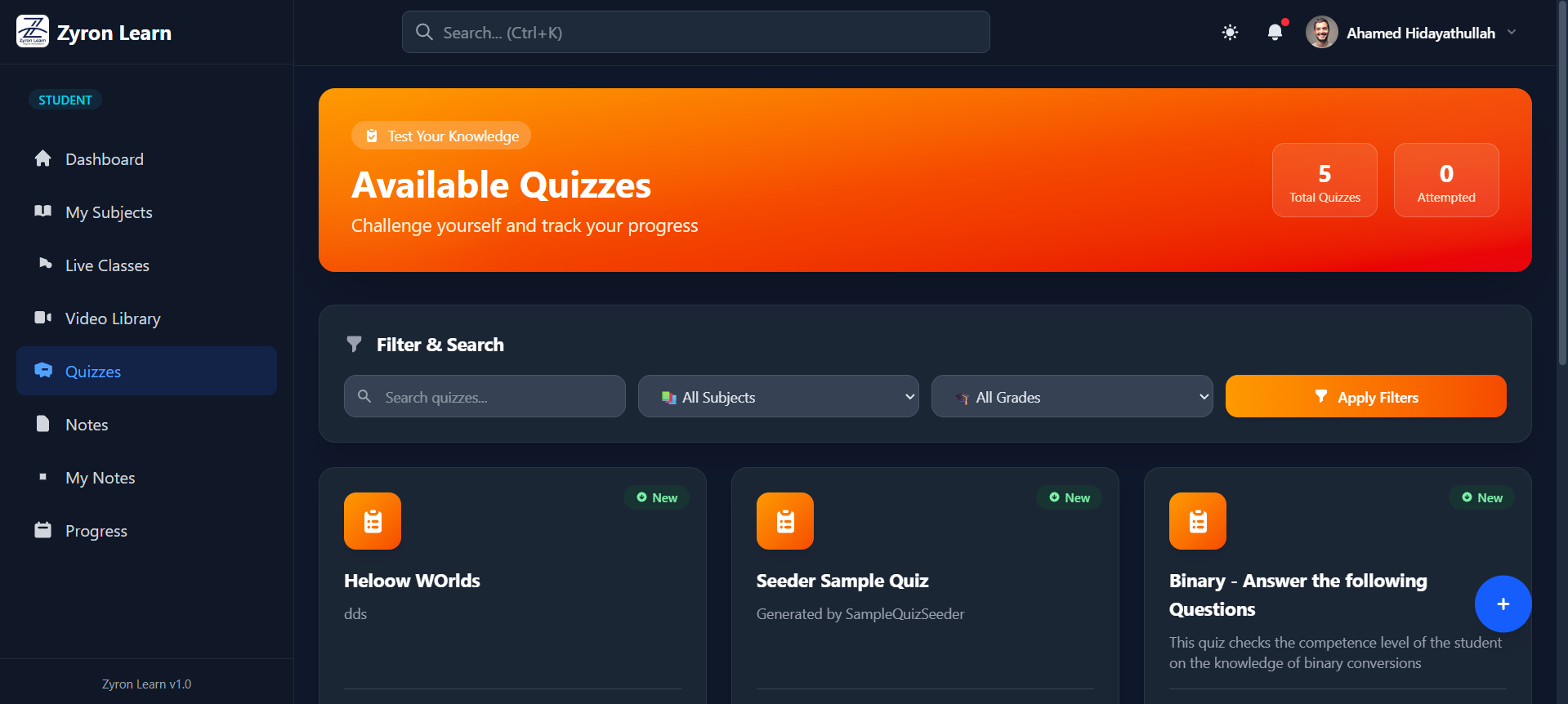 Zyron Student Quiz Page