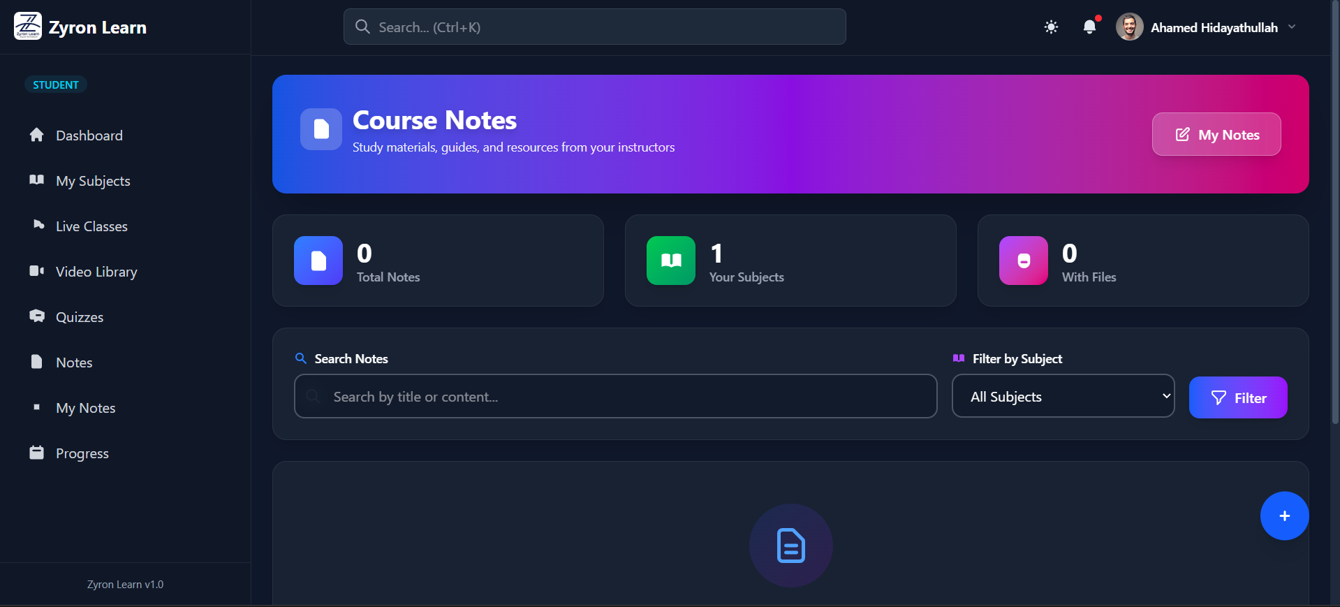Zyron Student Notes Page